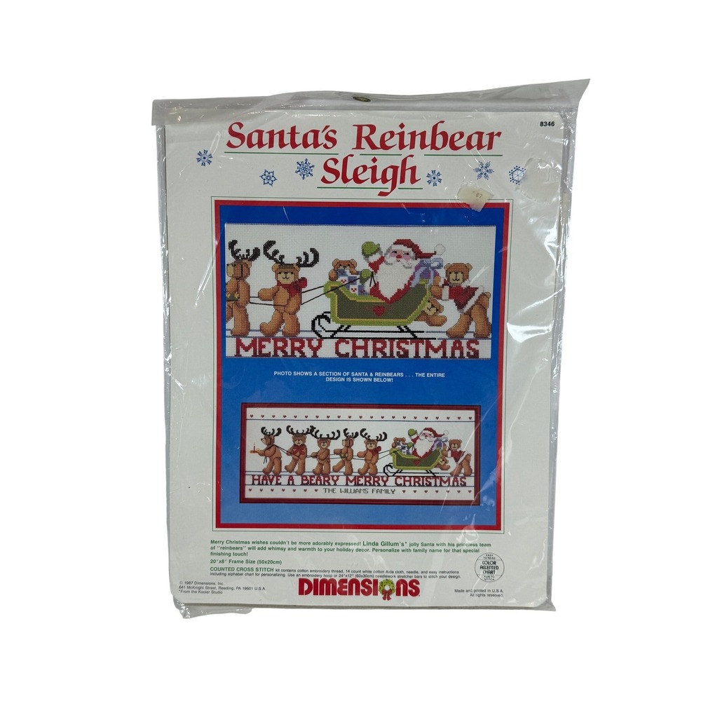 VTG‎ Dimensions Santa's Reinbear Sleigh Cross Stitch Kit 20x8 Multicolor New!